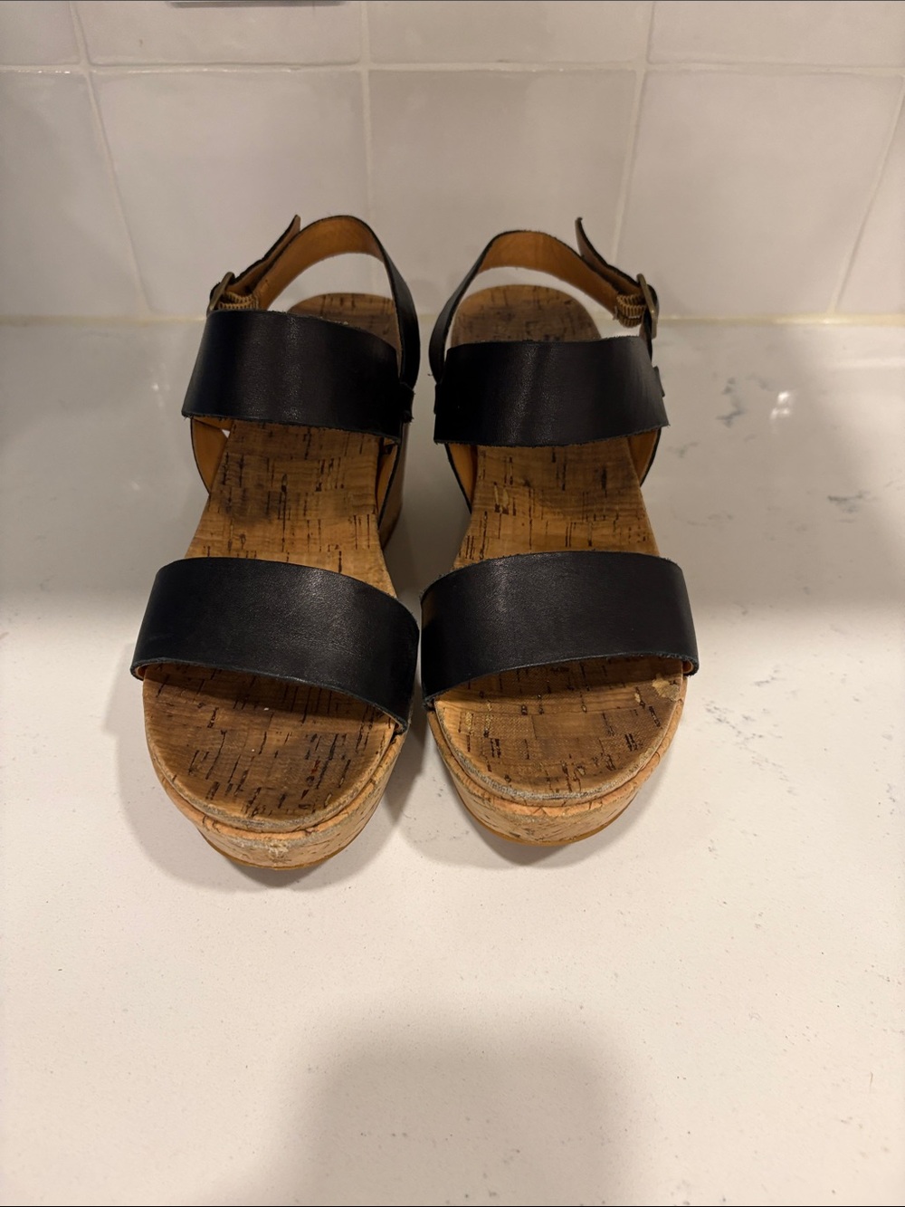 Black Cork Wedge Sandals with Ankle Strap